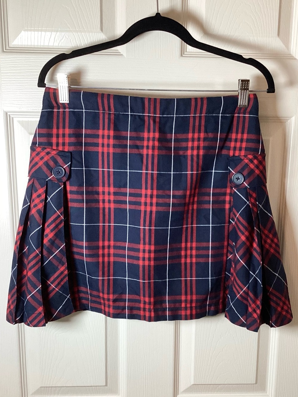 Lands’ End Navy and Red Plaid Side Pleated Above Knee Skirt - Girls 14